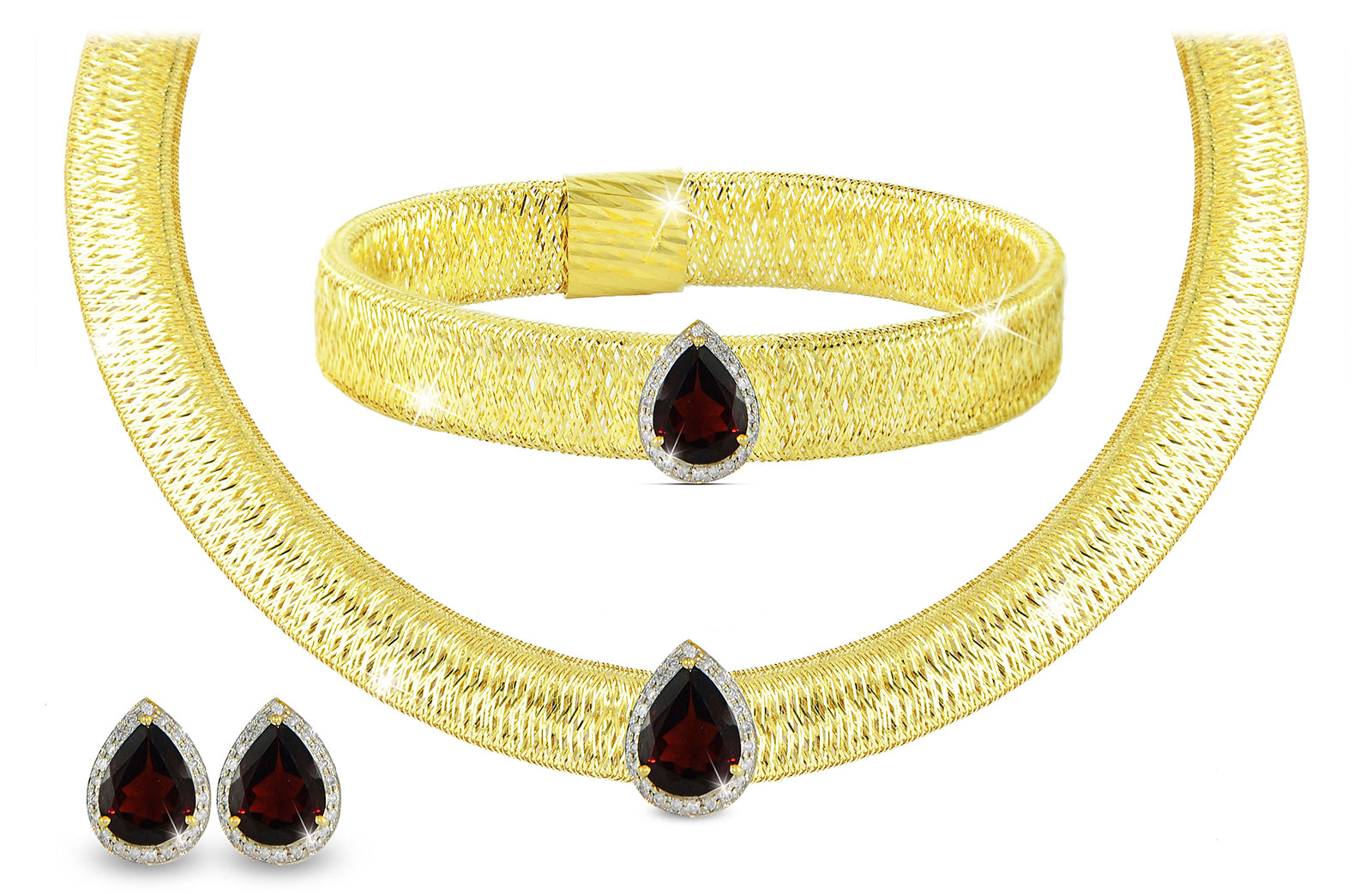 Vera Perla 18K Gold 0.48ct Diamonds, Garnet Jewelry Set - 3 pcs.